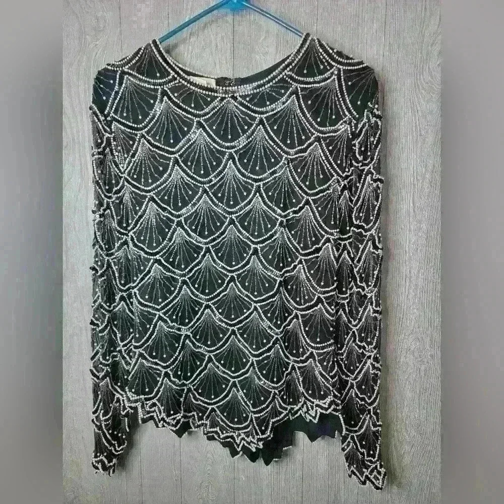 Laurence Kagar Black Color Silk Sequin Beaded Pearl  Blouse.SIZE L‎